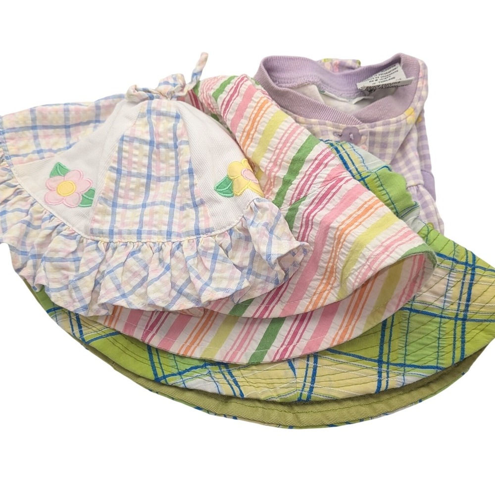 Baby Girl Sun Hat Bundle Purple Plaid Floral Gingham Romper 4 Pieces 6-9M-4Y VTG